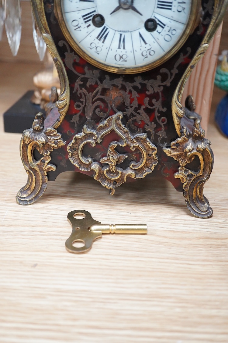 A late 19th century gilt metal mounted Boulle work mantel clock, J. W. Benson, London, with pendulum and key, 36cm high